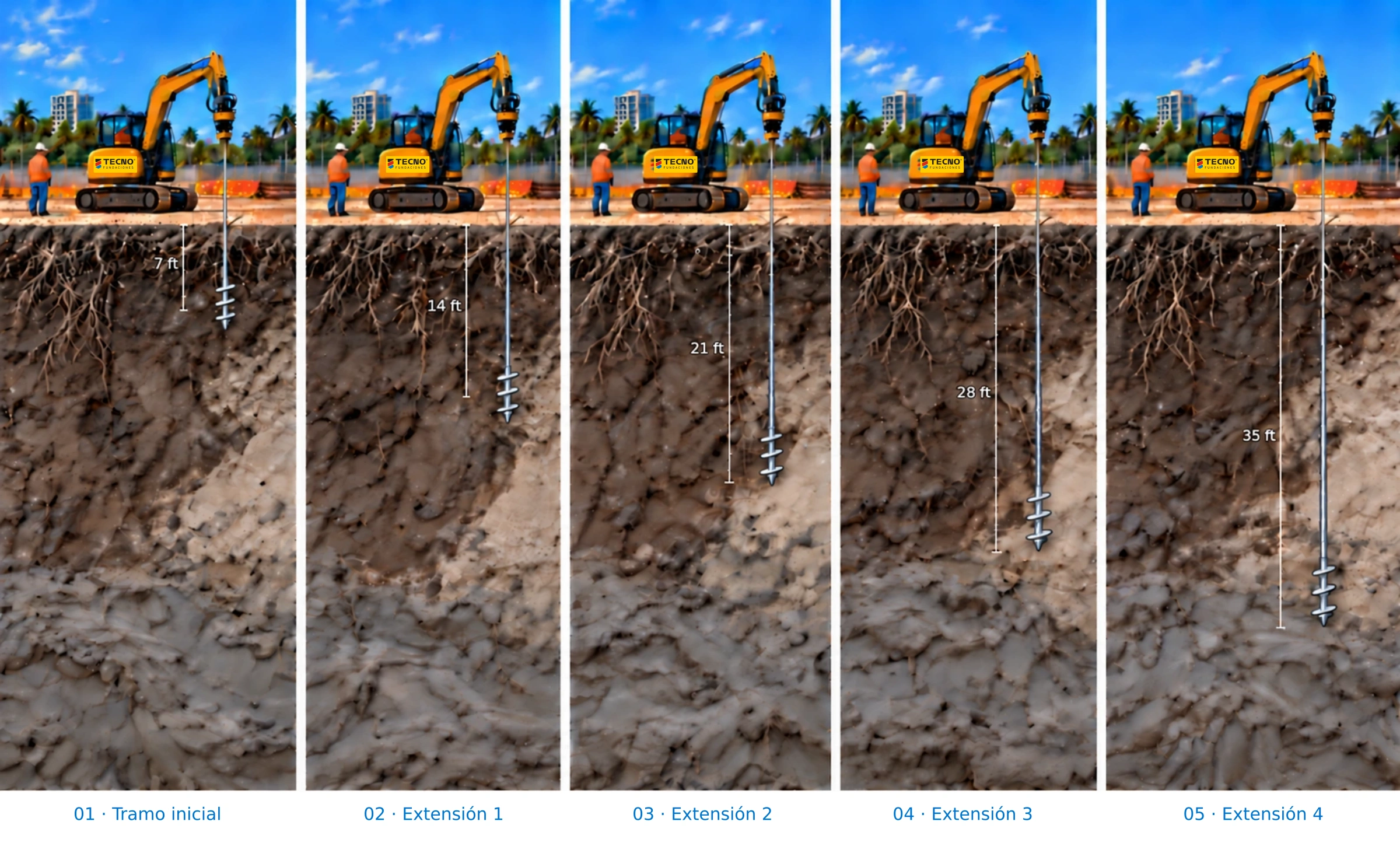 Cinco etapas con el mismo tramo inicial: 7, 14, 21, 28 y 35 ft de profundidad al incorporar cuatro extensiones