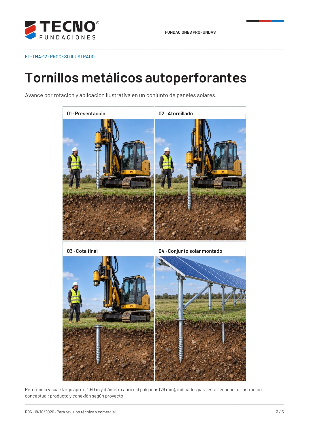 Instalación ilustrativa de tornillo metálico de aproximadamente 1,50 m y 3 pulgadas, con operario como referencia y conjunto solar final